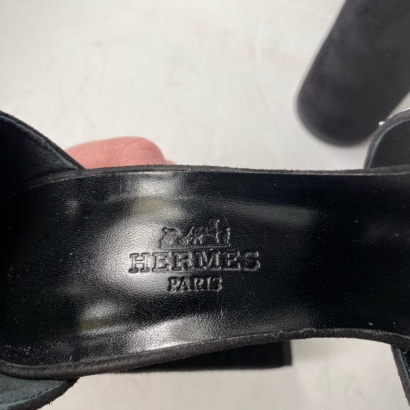 Hermes open toe suede colorblock pumps block heels black 35.5 - Picture 5 of 10